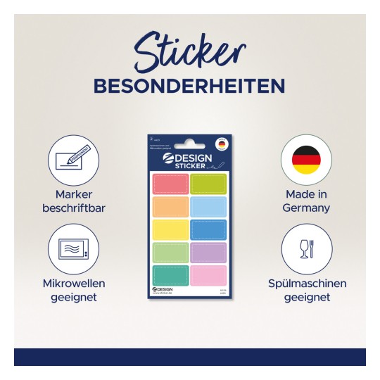 Das Bild zeigt ein Set von Design-Aufklebern in verschiedenen Farben, die als beschreibbar mit Markern, mikrowellengeeignet und spülmaschinenfest gekennzeichnet sind. Es wird hervorgehoben, dass das Produkt in Deutschland hergestellt wird.