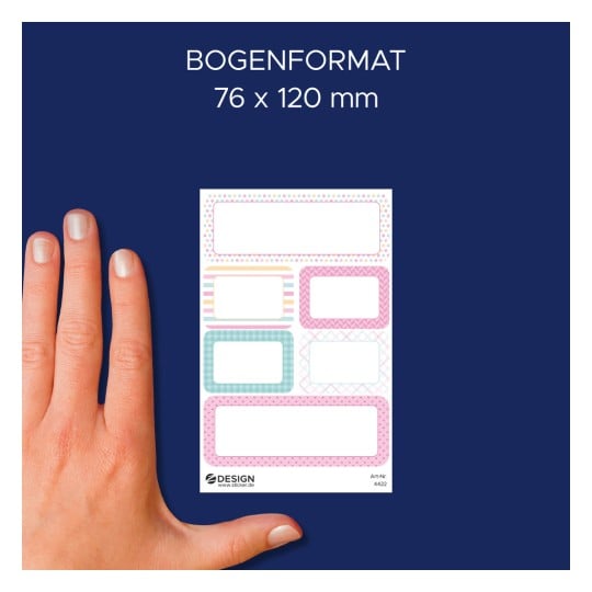 Größenvergleich mit Hand, Artikel: 4422, ein Bogen Sticker zum Beschriften, Format: 85 x 160 mm, Farbe: Bunt