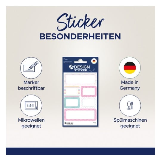 Das Bild zeigt ein Set von Design-Aufklebern, die mit Markern beschreibbar, mikrowellengeeignet und spülmaschinenfest sind. Es wird hervorgehoben, dass die Aufkleber in Deutschland hergestellt werden.