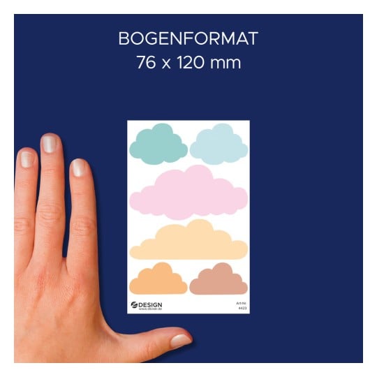 Größenvergleich mit Hand, Artikel: 4423, ein Bogen Sticker zum Beschriften, Format: 85 x 160 mm, Farbe: Bunt