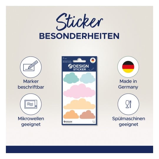 Das Bild zeigt eine Verpackung für dekorative wolkenförmige Aufkleber. Die Aufkleber können mit einem Stift beschriftet werden, sind mikrowellengeeignet, spülmaschinenfest und in Deutschland hergestellt.
