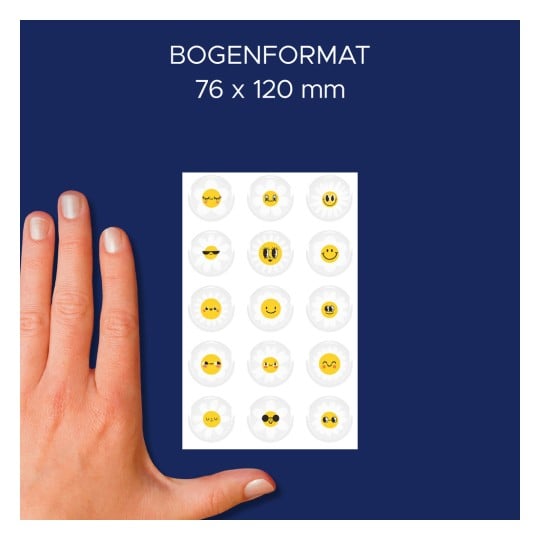 Größenvergleich mit Hand, Artikel: 4429, ein Bogen Glossy Sticker, Format: 85 x 160 mm, Farbe: Bunt