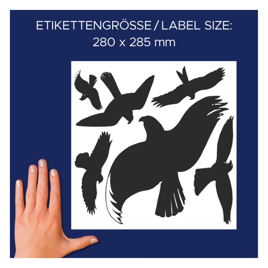 Größenvergleich mit Hand, Artikel: 4485, ein Bogen Warnvögel Aufkleber, Format: 280 x 285 mm, Farbe: Schwarz