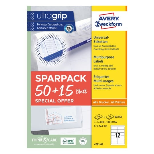 Packungsabbildung: Avery Zweckform Universal-Etiketten, permanent haftend, Artikel:  4781-65, Format: 97 x 42,3 mm, Druckereignung: Inkjet,Laser s/w,Farblaser, Inhalt: 780 Etiketten / 65 Bögen, 12 Etiketten/Bogen