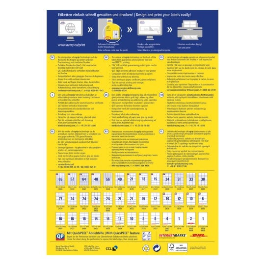 Das Bild ist ein Informationsplakat von Avery, das deren Etikettengestaltungs- und Druckdienstleistungen in mehreren Sprachen beschreibt. Es beinhaltet Merkmale ihres Produkts, Informationen zum Kundenservice und Drucktipps.
