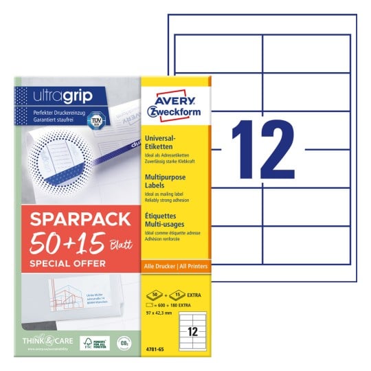 Packungsabbildung mit Etikettenbogen: Avery Zweckform Universal-Etiketten, Artikel: 4781-65, Format: 97 x 42,3 mm, Druckereignung: Inkjet,Laser s/w,Farblaser, Inhalt: 780 Etiketten / 65 Bögen, 12 Etiketten/Bogen