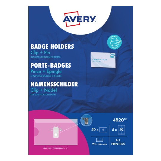 Packungsabbildung: Avery Zweckform , Artikel:  4820, Format: 90 x 54 mm, Druckereignung: Inkjet,Farblaser,Laser s/w,Kopierer, Inhalt: 50 Namensschilder / 50 Einsteckschilder / 5 Bögen,  /Bogen