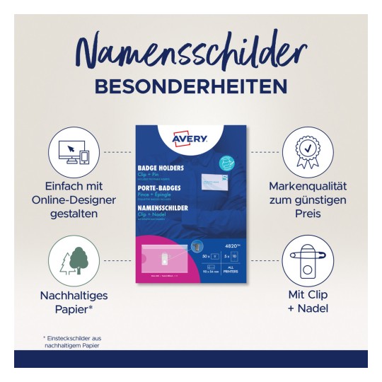Das Bild zeigt eine Produktpräsentation für Avery-Namensschilder, die ihre einfache Gestaltung, nachhaltige Materialien und Qualität hervorhebt. Es zeigt Ausweishalter mit Clip- und Pin-Optionen.