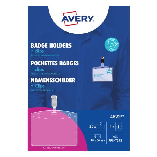 Packungsabbildung: Avery Zweckform , Artikel:  4822, Format: 90 x 60 mm, Druckereignung: Inkjet,Farblaser,Laser s/w,Kopierer, Inhalt: 25 Namensschilder / 32 Einsteckschilder / 4 Bögen,  /Bogen