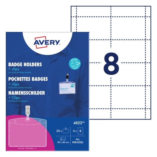 Packungsabbildung mit Kartenbogen: Avery Zweckform Namensschilder mit Clip, Artikel:  4822, Format: 90 x 60 mm, Druckereignung: Inkjet,Farblaser,Laser s/w,Kopierer, Inhalt: 25 Namensschilder / 32 Einsteckschilder / 4 Bögen,  /Bogen