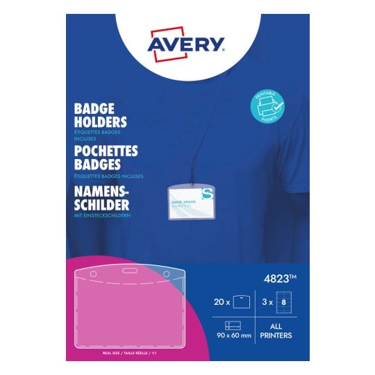 Das Bild zeigt einen Ausweishalter von Avery mit Produktdetails wie "Ausweishalter", Abmessungen und einem Namensschild-Beispiel. Es ist für alle Drucker geeignet.
