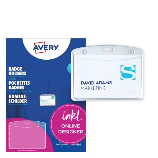 Das Bild zeigt Ausweisinhaber mit Informationen über 'David Adams' im Marketing, begleitet von einem Hintergrund für Averys Produktlinie.