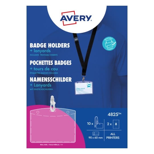 Packungsabbildung: Avery Zweckform , Artikel:  4825, Format: 90 x 60 mm, Druckereignung: Inkjet,Farblaser,Laser s/w,Kopierer, Inhalt: 10 Namensschilder / 16 Einsteckschilder / 2 Bögen,  /Bogen