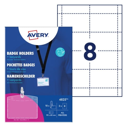 Packungsabbildung mit Kartenbogen: Avery Zweckform Namensschilder-Taschen mit Lanyard, Artikel:  4825, Format: 90 x 60 mm, Druckereignung: Inkjet,Farblaser,Laser s/w,Kopierer, Inhalt: 10 Namensschilder / 16 Einsteckschilder / 2 Bögen,  /Bogen