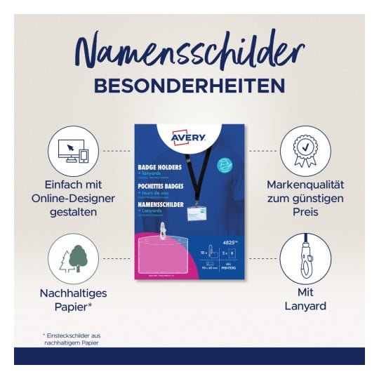 Das Bild zeigt eine Produktwerbung für Avery-Ausweishüllen und Lanyards. Es enthält Informationen über Online-Designoptionen, nachhaltige Materialien und Qualität zu einem niedrigen Preis, wobei der Text auf Deutsch verfasst ist.