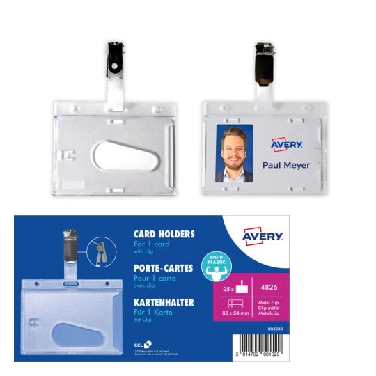 Das Bild zeigt einen transparenten Kunststoff-Kartenhalter mit einem Clip und eine Musterkarte mit einem Foto und Namen einer Person. Die Packungsbeschreibung und Merkmale für Avery-Kartenhalter sind ebenfalls sichtbar.