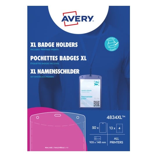 Packungsabbildung: Avery Zweckform , Artikel:  4834XL, Format: 105 x 148 mm, Druckereignung: Laser s/w,Farblaser,Inkjet,Laser, Inhalt: 50 Namensschilder / 52 Einsteckschilder / 13 Bögen,  /Bogen