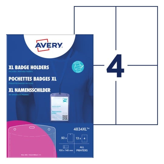 Packungsabbildung mit Kartenbogen: Avery Zweckform Namensschilder-Taschen groß, Artikel:  4834XL, Format: 105 x 148 mm, Druckereignung: Laser s/w,Farblaser,Inkjet,Laser, Inhalt: 50 Namensschilder / 52 Einsteckschilder / 13 Bögen,  /Bogen