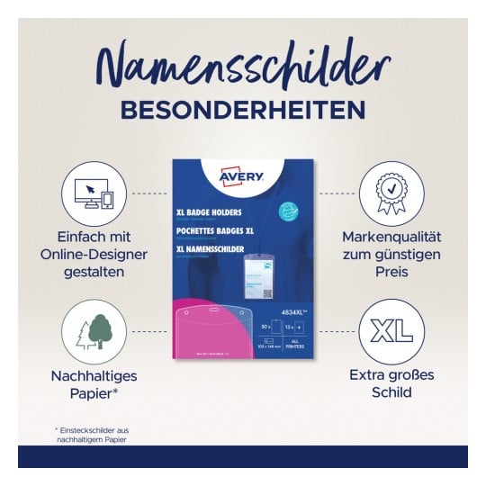 Das Bild zeigt eine Produktanzeige für XL-Ausweishalter von Avery, die Vorteile wie einfaches Online-Design, hohe Qualität zu erschwinglichen Preisen, nachhaltiges Papier und extragroße Größe präsentiert.