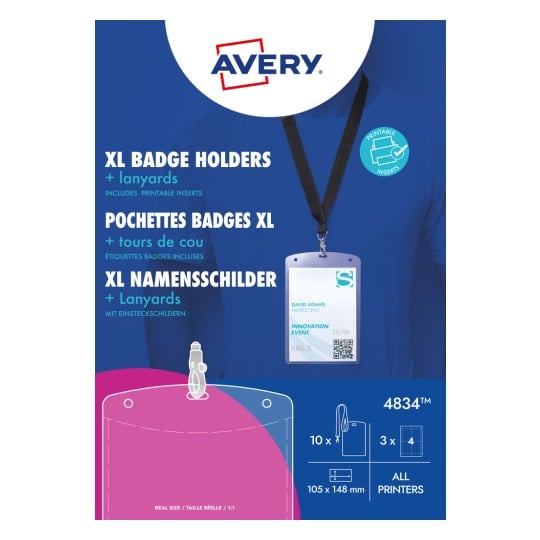 Packungsabbildung: Avery Zweckform , Artikel:  4834, Format: 105 x 148 mm, Druckereignung: Inkjet,Farblaser,Laser s/w,Kopierer, Inhalt: 10 Namensschilder / 12 Einsteckschilder / 3 Bögen,  /Bogen