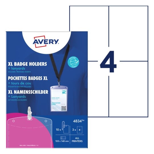 Packungsabbildung mit Kartenbogen: Avery Zweckform Namensschilder-Taschen mit Lanyard, Artikel:  4834, Format: 105 x 148 mm, Druckereignung: Inkjet,Farblaser,Laser s/w,Kopierer, Inhalt: 10 Namensschilder / 12 Einsteckschilder / 3 Bögen,  /Bogen