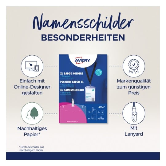 Das Bild zeigt eine Produktwerbung für XL Ausweishüllen von Avery. Es hebt die Verwendung von nachhaltigem Papier, ein Online-Design-Tool hervor und enthält Details wie Menge und Kompatibilität mit allen Druckern.