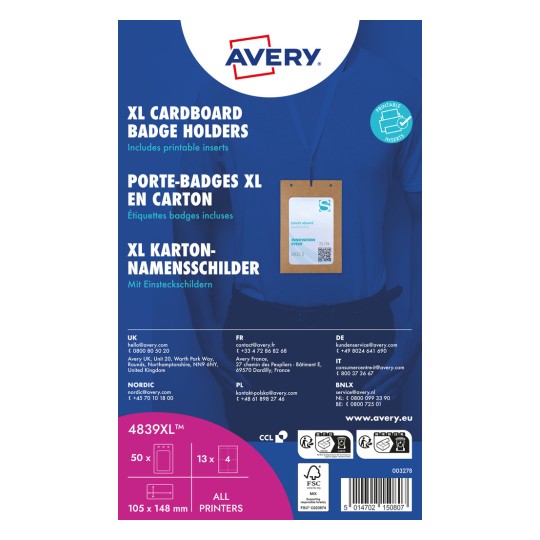 Packungsabbildung: Avery Zweckform , Artikel:  4839XL, Format: 105 x 148 mm, Druckereignung: Laser s/w,Farblaser,Inkjet,Laser, Inhalt: 50 Namensschilder / 52 Einsteckschilder / 13 Bögen,  /Bogen