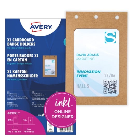 Packungsabbildung mit Kartenbogen: Avery Zweckform Namensschilder-Taschen groß, Artikel:  4839XL, Format: 105 x 148 mm, Druckereignung: Laser s/w,Farblaser,Inkjet,Laser, Inhalt: 50 Namensschilder / 52 Einsteckschilder / 13 Bögen,  /Bogen