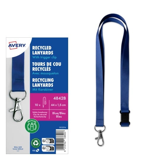 Ein Bild von recycelten Schlüsselbändern mit einem Karabinerhaken, das Verpackungen zeigt, die Produktdetails enthalten und ein blaues Schlüsselband auf der rechten Seite.