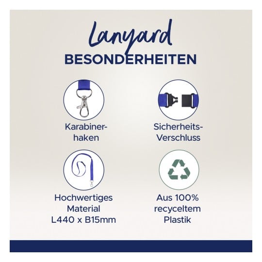 Das Bild zeigt Merkmale eines Lanyards, darunter einen Karabinerhaken, einen Sicherheitsverschluss, hochwertige Materialabmessungen L440 x B15mm und besteht zu 100% aus recyceltem Kunststoff.