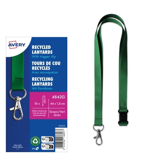 Das Bild zeigt ein Paket mit recycelten Lanyards und einem Karabinerhaken. Die Verpackung ist blau und enthält Details wie den Produktnamen, Abmessungen und die grüne Farbe.