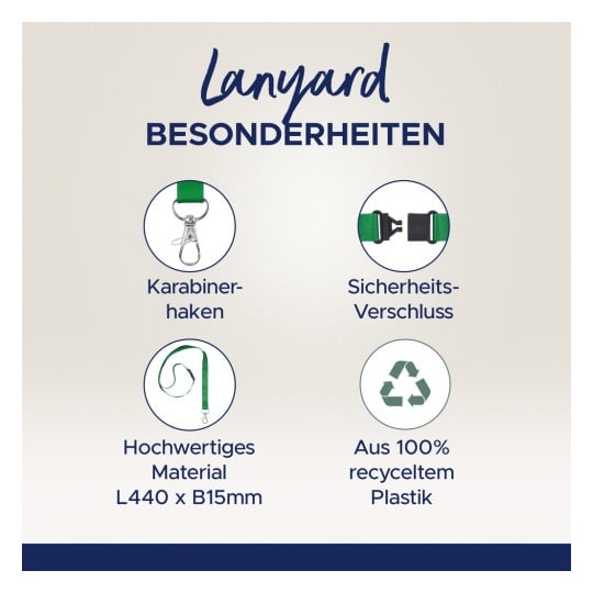 Das Bild zeigt die Merkmale eines Lanyards, einschließlich eines Karabinerhakens, eines Sicherheitsverschlusses, Abmessungen des hochwertigen Materials und Recyclinginformationen, die darauf hinweisen, dass es aus 100% recyceltem Kunststoff besteht.