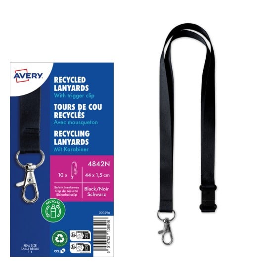 Ein Bild zeigt ein Paket recycelter Lanyards mit einem Auslöseclip, wobei die Produktdetails und Spezifikationen hervorgehoben werden.