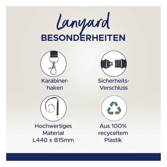 Das Bild zeigt die Merkmale eines Lanyards, darunter einen Karabinerhaken, einen Sicherheitsverschluss, hochwertiges Material (L440 x B15mm) und hergestellt aus 100% recyceltem Kunststoff.