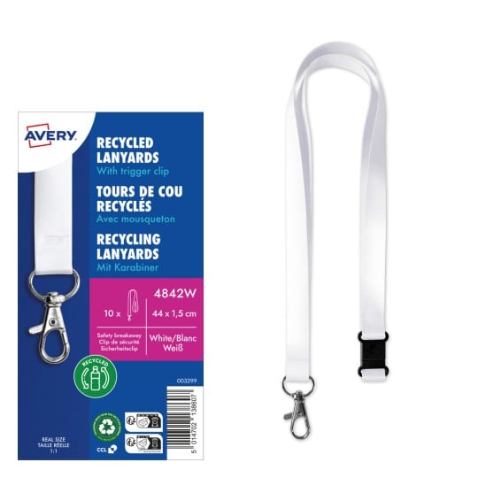 Das Bild zeigt recycelte Lanyards mit einem Karabinerhaken, die Verpackungsdetails wie Größe und Umweltverträglichkeit präsentieren. Die Lanyards erscheinen in Weiß.