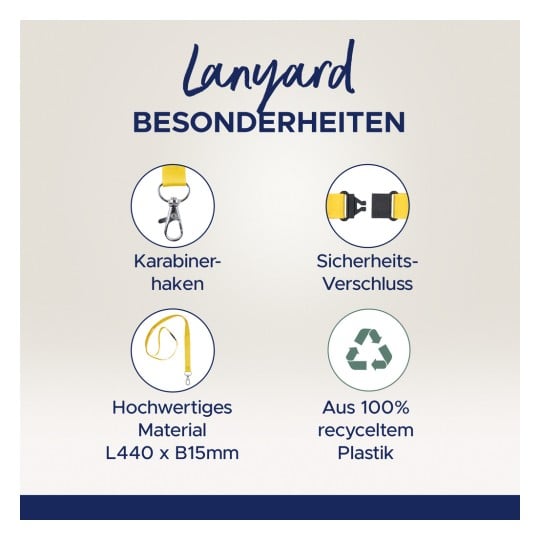 Das Bild hebt die Merkmale eines Lanyards hervor und zeigt einen Karabinerhaken, einen Sicherheitsverschluss, hochwertiges Material (L440 x B15mm) und dass es aus 100% recyceltem Kunststoff besteht.