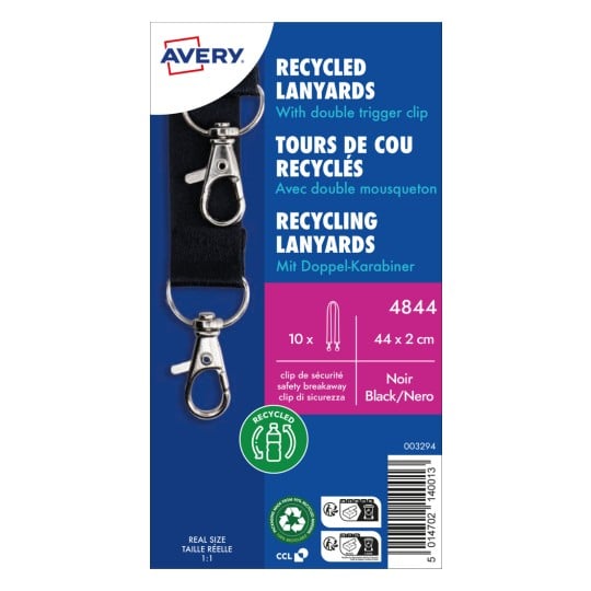 Das Bild zeigt eine Verpackung für recycelte Lanyards von Avery. Sie enthält Details wie Größe, Farbe (schwarz) und Merkmale wie einen doppelten Karabinerhaken.