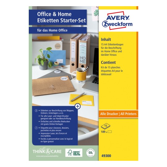 Packungsabbildung: Avery Zweckform Universal-Etiketten, permanent haftend, Artikel:  49300, Format: 210 x 297 mm, Druckereignung: Inkjet,Laser s/w,Farblaser, Inhalt: 180 Etiketten / 15 Bögen, 12 Etiketten/Bogen