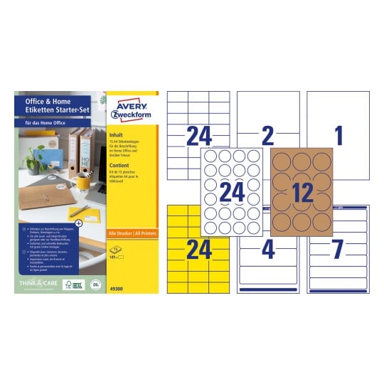 Packungsabbildung mit Etikettenbogen: Avery Zweckform Office & Home Etiketten Starter-Set, Artikel: 49300, Format: 210 x 297 mm, Druckereignung: Inkjet,Laser s/w,Farblaser, Inhalt: 180 Etiketten / 15 Bögen, 12 Etiketten/Bogen