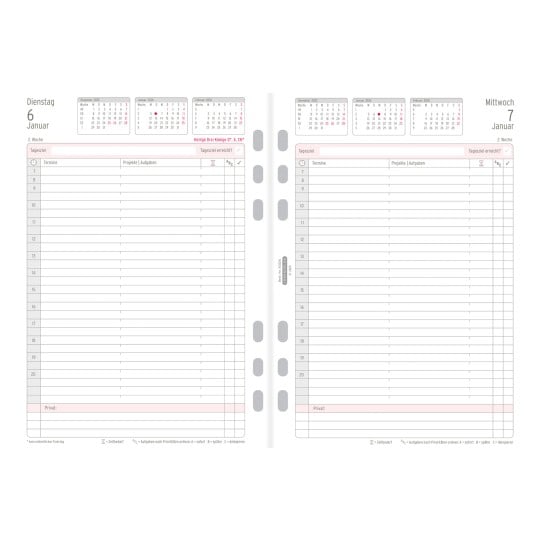 Abbildung Kalendarium, Artikel: 50226, Tagesplan,  A5, 2026, Weiß, 148 x 210 mm, Inhalt: 195 Blätter / 1 Stück