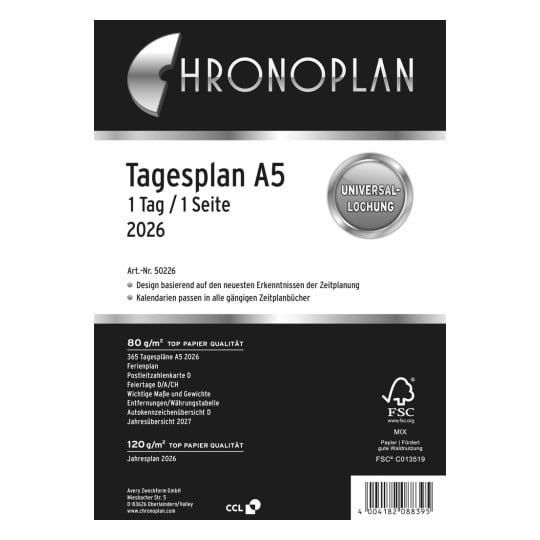 Produktabbildung: Chronoplan A5, Artikel: 50226, Format: 148 x 210 mm, Inhalt: 195 Blätter / 1 Stück, /Bogen