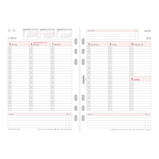 Abbildung Kalendarium, Artikel: 50236, Wochenplan,  A5, 2026, Weiß, 148 x 210 mm, Inhalt: 63 Blätter / 1 Stück