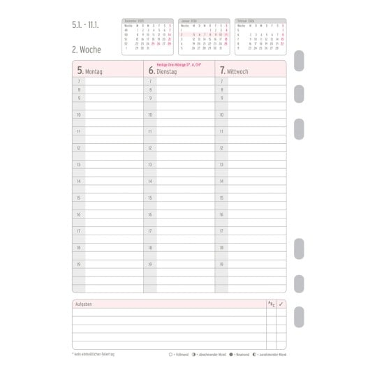 Abbildung Kalendarium, Artikel: 50236, Wochenplan, A5, 2026, Weiß, 148 x 210 mm, Inhalt: 63 Blätter / 1 Stück