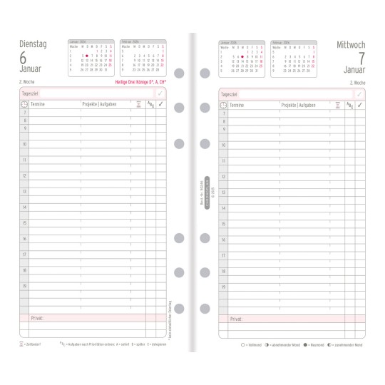 Abbildung Kalendarium, Artikel: 50246, Brieftaschenplaner,  Midi, 2026, Weiß, 96 x 172 mm, Inhalt: 195 Blätter / 1 Stück