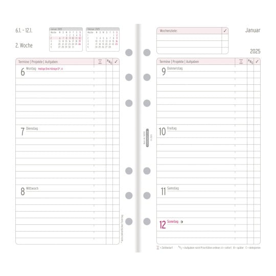 Abbildung Kalendarium, Artikel: 50255, Wochenplan,  Midi, 2025, Weiß, 96 x 172 mm, Inhalt: 62 Blätter / 1 Stück