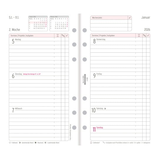 Abbildung Kalendarium, Artikel: 50256, Wochenplan,  Midi, 2026, Weiß, 96 x 172 mm, Inhalt: 124 Blätter / 1 Stück