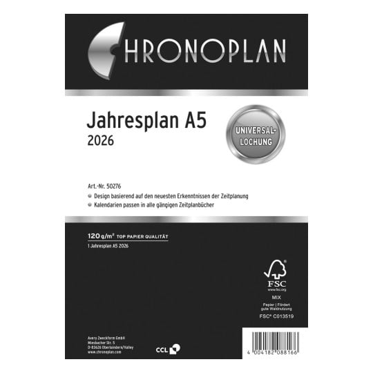 Produktabbildung: Chronoplan A5, Artikel: 50276, Format: 148 x 210 mm, Inhalt: 1 Blatt / 1 Stück, /Bogen