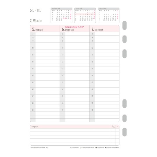 Abbildung Kalendarium, Artikel: 50296, Wochenplan, A5, 2026, Weiß, 148 x 210 mm, Inhalt: 86 Blätter / 1 Stück