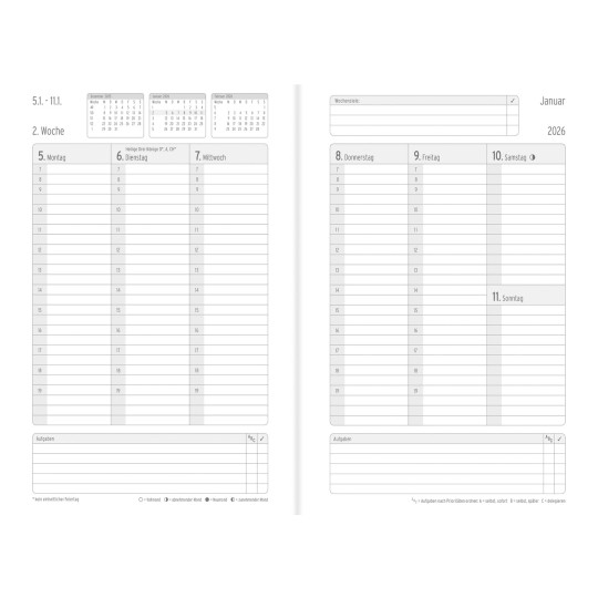Abbildung Kalendarium, Artikel: 50456, Buchkalender Wochenplan,  Origins Edition A5, 2026, Petrol, 135 x 210 x 10 mm, Inhalt: 64 Blätter / 1 Stück