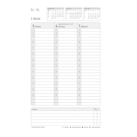 Abbildung Kalendarium, Artikel: 50456, Buchkalender Wochenplan, Origins Edition A5, 2026, Petrol, 135 x 210 x 10 mm, Inhalt: 64 Blätter / 1 Stück